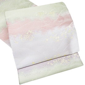 【 未使用 】 袋帯 正絹 フォーマル 仕立て上がり 六通 波文様 植物文様 箔糸 銀通し 白緑色 薄紅色 白藤色 金 A1089-9 [和服 着物 お茶会 お茶席 茶道 kimono 送料無料 きもの北條]