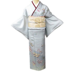 【 中古 】 訪問着 着物 リサイクル 正絹 袷 フォーマル 紋付 作家物 落款 花の図 地模様 灰黄緑色 多色 身丈156m 裄64cm M A886-9 [ 和服 入学式 卒業式 お茶会 結婚式 お宮参り アウトレット 送料無料 きもの北條]