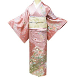 《楽天スーパーSALE 10％OFF》 【 中古 】 訪問着 リサイクル着物 正絹 袷 フォーマル 金彩 花の図 菊 梅 桜 藤 桔梗 秋桜 薄紅色 多色 身丈164.5cm 裄66.5cm L A938-9 [ 和服 入学式 卒業式 母 結婚式 お宮参り アウトレット 送料無料 きもの北條]