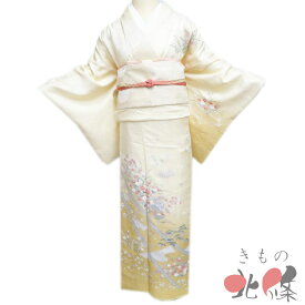 【 中古 】 付下げ 付け下げ 訪問着 リサイクル着物 正絹 袷 花の図 扇子 地模様 薄卵色 多色 金 身丈165cm 裄67cm L トール A1325-9 [和服 入学式 卒業式 お茶会 お茶席 茶道 お宮参り 利休忌 送料無料 きもの北條]
