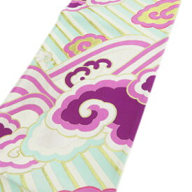 【 未仕立て 】 袋帯 リサイクル 着物 リバーシブル 成人式 結婚式 結納 パーティー 白色 紫色 波に飛雲模様 A647-10 [ 正絹 リサイクル帯 袋帯 中古 フォーマル 仕立て上がり 礼装 通販 購入 送料無料 きもの北條]