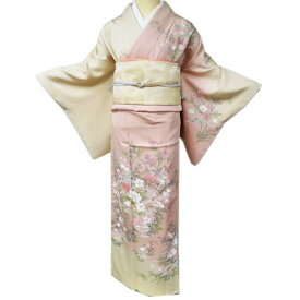 【 中古 】 訪問着 リサイクル着物 正絹 袷 フォーマル 花の図 ぼかし染め 暈し 砥粉色 洗柿色 多色 金 身丈163cm 裄66.5cm L A1013-10 [ 和服 入学式 卒業式 お茶会 結婚式 お宮参り アウトレット 送料無料 きもの北條]