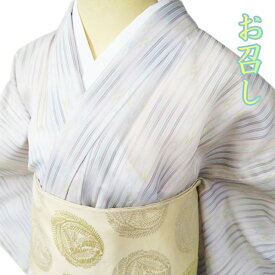 【 中古 】 特選 夏物 お召し 御召 リサイクル着物 正絹 カジュアル 縞模様 オフホワイト 多色 身丈156cm 裄63cm M A1022-10 [ 和服 きもの 紬 お召 普段着 kimono アウトレット 送料無料 きもの北條]