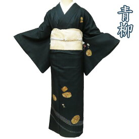 【 中古 】 特選 紬地 リサイクル着物 正絹 袷 赤城紬 青柳 ラベル付き 絞り染め 草木染 深緑色 多色 身丈164.5cm 裄69cm L ワイド A1057-10 [ 和服 きもの 紬 普段着 kimono アウトレット 送料無料 きもの北條]