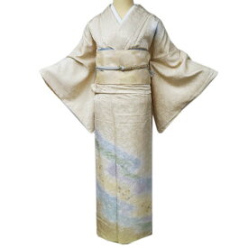 【 中古 】 付下げ 付け下げ 訪問着 リサイクル着物 袷 地模様 クローバー柄 反端付き 鳥の子色 金銀 身丈163.5cm 裄68.5cm M A1087-10 [和服 入学式 卒業式 お茶会 お茶席 茶道 お宮参り 送料無料 きもの北條]