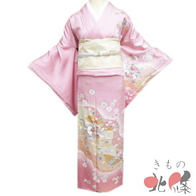 【 中古 】 訪問着 リサイクル着物 正絹 袷 フォーマル 花の図 流水 桃色 多色 金 身丈162.5cm 裄65.5cm M A1306-10 [入学式 卒業式 お宮参り 結婚式 お茶会 お茶席 茶道 利休忌 和服 送料無料 きもの北條]