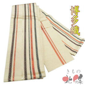 【 中古 】 半幅帯 リサイクル 正絹 カジュアル 仕立て上がり 全通 博多織 幾何学模様 イエローベージュ 多色 A1308-10 [半巾帯 浴衣帯 浴衣用 ゆかた用帯 細帯 袴用 袴下帯 はかま帯 送料無料 きもの北條]