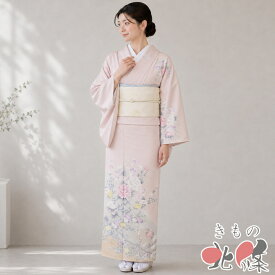 【 中古 】 訪問着 リサイクル着物 正絹 袷 フォーマル 流水に花の図 牡丹 梅 菊 桔梗 乙女色 多色 金 身丈160.5cm 裄65cm M A1388-10 [入学式 卒業式 お宮参り 結婚式 お茶会 お茶席 茶道 利休忌 和服 送料無料 きもの北條]
