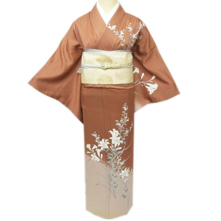 楽天市場】【 中古 】 訪問着 リサイクル着物 菊と百合の図 刺繍 茶色  