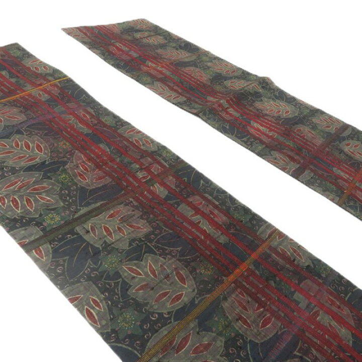 楽天市場】【 中古 】 開き名古屋帯 紬地 葉っぱ模様 全通 黒色 赤色  