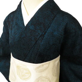 【 中古 】 特選 小紋 リサイクル着物 正絹 袷 カジュアル 花模様 地模様 ピクトグラム 黒色 孔雀緑色 身丈160cm 裄65cm M A1061-11 [ 和服 きもの 普段着 kimono アウトレット 送料無料 きもの北條]