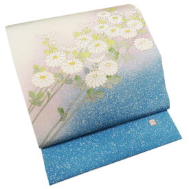 【 中古 】 名古屋帯 なごや帯 リサイクル 正絹 カジュアル 仕立て上がり 作家物 落款 花の図 菊 白藍色 空色 多色 A1105-11 [和服 お茶会 お茶席 茶道 kimono アウトレット 送料無料 きもの北條]