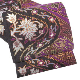 【 未使用 】 袋帯 正絹 紬地 カジュアル 仕立て上がり 花模様 反端付き 箔糸 黒色 紫色 多色 A1169-11 [和服 紬 着物 帯 しゃれ帯 kimono 送料無料 きもの北條]