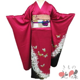 【 中古 】 振袖 リサイクル着物 成人式 結納 結婚式 披露宴 花と蝶の図 紅赤色 金銀 身丈161.5cm 裄66cm M A1304-11 [和服 振袖 レンタルアップ アウトレット セール 販売 バーゲン 送料無料 きもの北條]