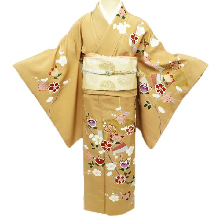 中古 】 訪問着 リサイクル着物 花の図 梅と橘 扇 金駒刺繍 伽羅色 丈 