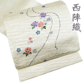 【 未使用 】 袋帯 正絹 フォーマル 仕立て上がり 六通 西陣織 ラベル付き 反端付き 花の図 オフホワイト 多色 金 A1081-12 [ 和服 着物 お茶会 お茶席 茶道 kimono 送料無料 きもの北條]