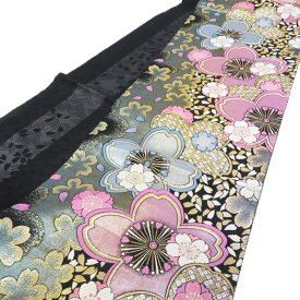 【 中古 】 袋帯 振袖用 リサイクル 正絹 フォーマル 仕立て上がり 六通 花模様 桜 箔糸 黒色 多色 金 A1184-12 [和服 アウトレット 振袖 袋帯 kimono 販売 セール バーゲン 送料無料 きもの北條]