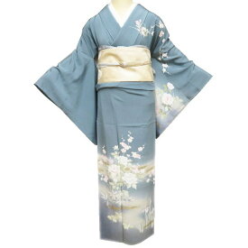 【 中古 】 訪問着 リサイクル着物 正絹 袷 フォーマル 落款 花の図 錆浅葱色 多色 金銀 身丈166cm 裄68cm L トール A1225-12 [和服 入学式 卒業式 お茶会 お茶席 茶道 結婚式 お宮参り 利休忌 送料無料 きもの北條]