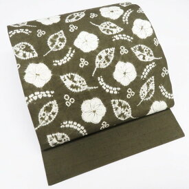 【 中古 】 特選 開き名古屋帯 なごや帯 リサイクル 正絹 カジュアル 仕立て上がり 紬地 絞り染め 花模様 辻が花 海松色 A1228-12 [和服 着物 帯 しゃれ帯 洒落帯 kimono アウトレット 送料無料 きもの北條]