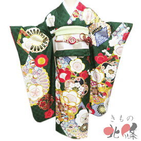 【 中古 】 振袖 リサイクル着物 正絹 成人式 結納 結婚式 花の図 松竹梅 地模様 深碧色 多色 金 身丈169cm 裄67cm L トール A1318-12 [和服 振袖 レンタルアップ アウトレット セール 販売 バーゲン 送料無料 きもの北條]