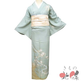 【 未使用 】 訪問着 着物 正絹 袷 フォーマル 落款 金駒刺繍 流水に花 桜 柳鼠色 多色 金 身丈155.5cm 裄63.5cm S A1341-12 [入学式 卒業式 お宮参り 結婚式 母 利休忌 刺繍 和服 送料無料 きもの北條]