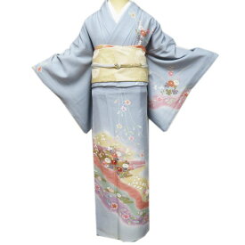 【 中古 】 訪問着 リサイクル着物 正絹 袷 フォーマル 絞り 花の図 秋草 淡青色 多色 金 身丈167cm 裄66.5cm L トール A1034-13 [ 和服 入学式 卒業式 お茶会 結婚式 お宮参り アウトレット 送料無料 きもの北條]
