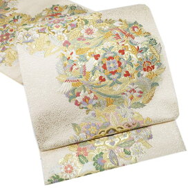 【 中古 】 袋帯 リサイクル 正絹 フォーマル 仕立て上がり 六通 花鳥模様 華文 花紋 箔糸 練色 多色 金銀 A1088-13 [和服 着物 お茶会 お茶席 茶道 kimono 送料無料 きもの北條]