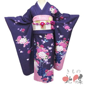 【 中古 】 振袖 リサイクル着物 正絹 成人式 結納 結婚式 花の図 薔薇 蝶 銀通し 小紫色 多色 身丈160.5cm 裄66.5cm M A1318-13 [和服 振袖 レンタルアップ アウトレット セール 販売 バーゲン 送料無料 きもの北條]