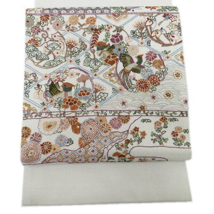 楽天市場】【 中古 】 袋帯 リサイクル 相良刺繍 花鳥の図 絹鼠色 多色  