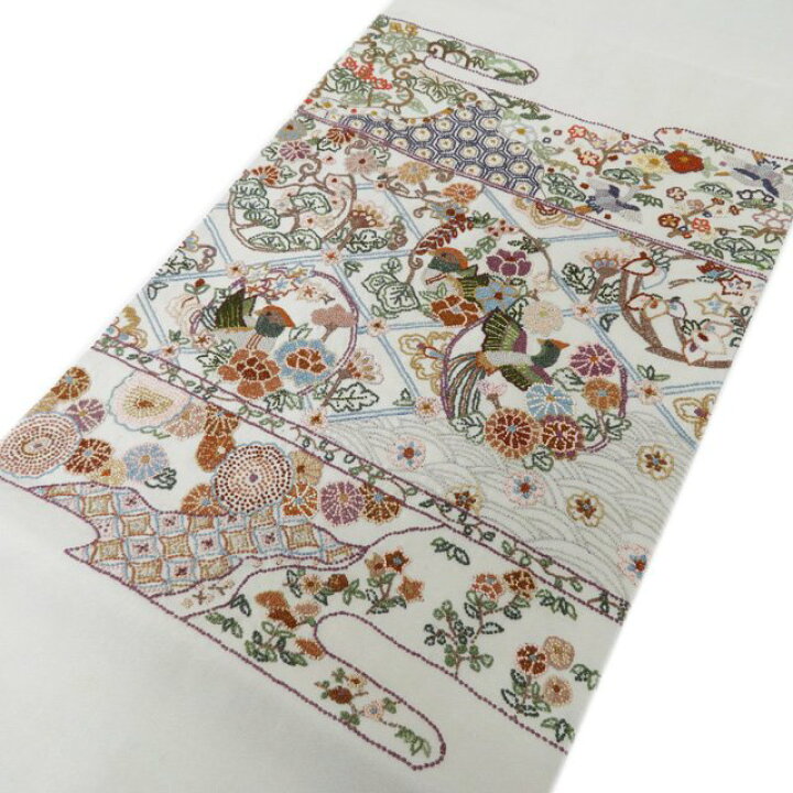 楽天市場】【 中古 】 袋帯 リサイクル 相良刺繍 花鳥の図 絹鼠色 多色  