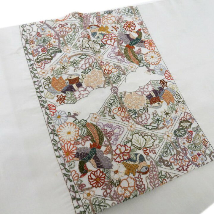 楽天市場】【 中古 】 袋帯 リサイクル 相良刺繍 花鳥の図 絹鼠色 多色  