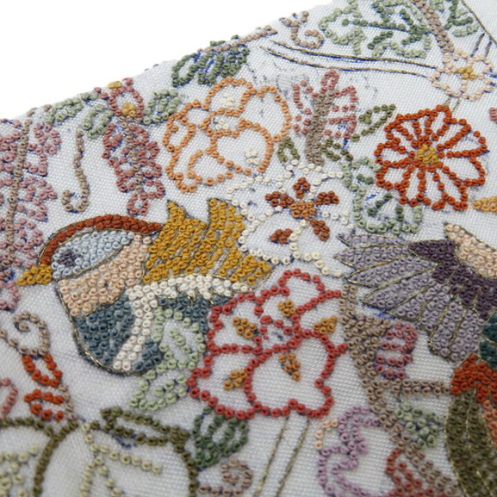 楽天市場】【 中古 】 袋帯 リサイクル 相良刺繍 花鳥の図 絹鼠色 多色  