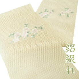 【 新古品 】 反物 帯 未仕立て 夏物 正絹 絽綴れ カジュアル 花の図 白茶色 A836-14 [ 和服 反物 未仕立て 美品 新品 アウトレット 買取 送料無料 きもの北條]