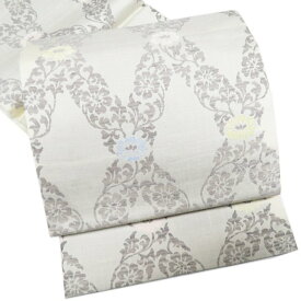 【 中古 】 袋帯 リサイクル 正絹 カジュアル 仕立て上がり 六通 西陣織 ラベル付き 草花文様 灰白色 薄墨色 A971-14 [ 和服 お茶会 お茶席 茶道 着物 帯 kimono 通販 購入 送料無料 きもの北條]