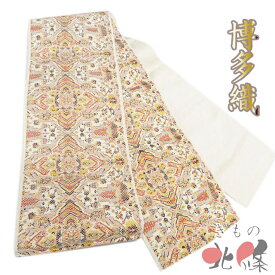 【 中古 】 半幅帯 リサイクル 正絹 カジュアル 仕立て上がり 全通 博多織 幾何学模様 薄卵色 丹色 多色 A1308-14 [半巾帯 浴衣帯 浴衣用 ゆかた用帯 細帯 袴用 袴下帯 はかま帯 送料無料 きもの北條]