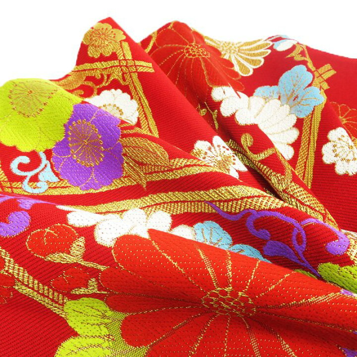 振袖用菱に花模様梅桜菊正絹リサイクル 着物 袋帯 A816-17 