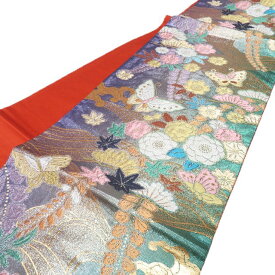 【 中古 】 袋帯 振袖用 リサイクル 正絹 フォーマル 仕立て上がり 六通 花に蝶模様 箔糸 マルチカラー 多色 金銀 A1286-18 [振袖帯 正装 成人式 結婚式 入学式 卒業式 振袖 アウトレット 送料無料 きもの北條]
