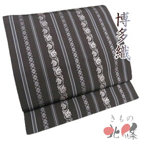 【 中古 】 名古屋帯 なごや帯 九寸 リサイクル 正絹 カジュアル 全通 博多織 献上柄 花唐草 海松茶色 多色 A1308-19 [観劇 コンサート お茶会 パーティー お食事 洒落帯 kimono 送料無料 きもの北條]