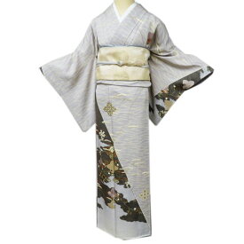 【 中古 】 特選 本加工 訪問着 リサイクル着物 正絹 袷 フォーマル 波文 植物文様 白鼠色 多色 金 身丈165cm 裄66cm L トール A1050-21 [ 和服 入学式 卒業式 お茶会 結婚式 お宮参り アウトレット 送料無料 きもの北條]