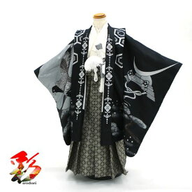 【レンタル】七五三 着物 レンタル《5歳 身長105～120cm前後》往復送料無料 着付け動画マニュアル付き 新品足袋プレゼント『おりびと 黒シルバー 上杉謙信 袴セット』5boy-k633