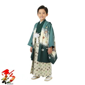 【レンタル】七五三 着物 レンタル《5歳 身長105～120cm前後》『5boy-k515 緑青色・鷹・小槌　袴セット』往復送料無料 着付けマニュアル付き 新品足袋プレゼント