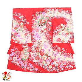 【レンタル】 赤色 女の子 産着 祝い着 5点セット 着物 ベビー 赤ちゃん お宮参り 祝着 フルセット セレモニードレス 記念撮影 往復送料無料 着付け説明書付き【赤 花車 baby-girl-red04】