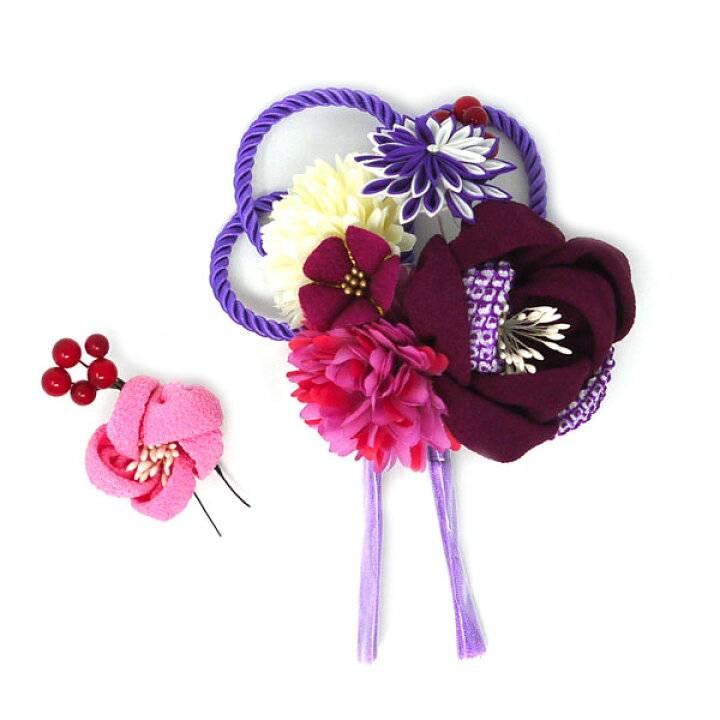 楽天市場 送料無料 髪飾り 成人式 縮緬細工 ２点セット 紫 花 女性 浴衣 かわいい 舞 スタイル 花ごころ 大きい 小さい ヘアアクセサリー ヘアピン ピンポンマム 大人 レディース 和装小物 絞りりぼん つまみ細工 レトロ モダン おしゃれ Kimono いろは