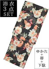 こむさでもーど　お仕立て上がり浴衣3点セット　綿絽　黒　朝顔　☆もれなく帯＆下駄プレゼント☆　【フリーサイズ】【レディース】【女性用】【日本製】【夏着物】【yukata】【単品に変更可】