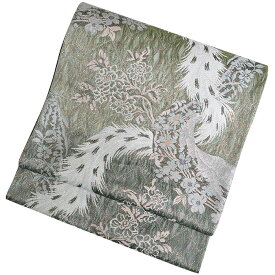 ≪西陣織≫　正絹　袋帯（未仕立て）　緑×グレー　草木花　【着物】
