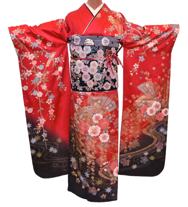 楽天市場】振袖3点セット 新品同様 正絹 高級振袖 京友禅 赤 黒 桜 