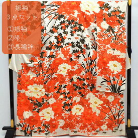 振袖3点セット 逸品 正絹 振袖 トールサイズ 丸洗い済み 京友禅 白 朱 花々 牡丹 菊 身丈167cm 裄68cm 昭和レトロ 袋帯 全通 金 黒 鳳凰 長襦袢 成人式 結婚式 中古 リサイクル 着物屋 ネット 送料無料 (10-04-65)
