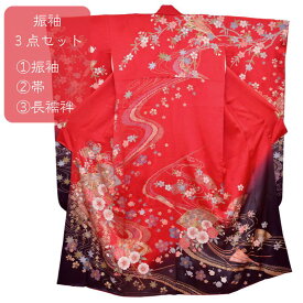 振袖3点セット 新品同様 正絹 振袖 京友禅 赤 黒 桜 紅葉 朝顔 扇 流水 身丈163cm 裄68cm 袋帯 新品 西陣 黒地 長襦袢 成人式 結婚式 スコッチガード加工済み 中古 リサイクル 着物屋 ネット 送料無料 (10-04-37)