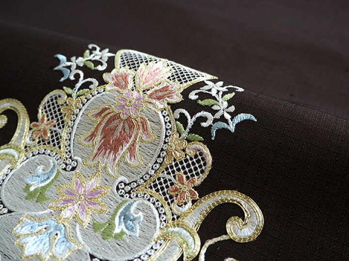 逸品】九寸 名古屋帯 お太鼓柄 正絹 刺繍 茶 金糸 花 よろけ縞 豪華 着物