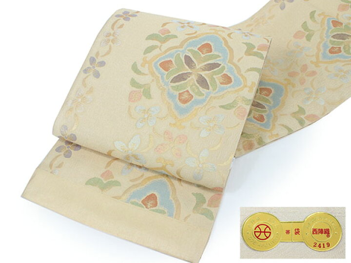 楽天市場】袋帯 単品 絹 六通柄 未使用 仕立て付き ベージュ 花菱 六通 